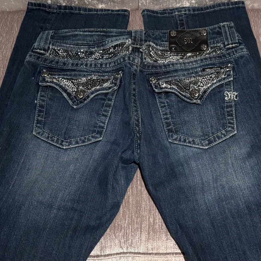 Miss Me Jeans size 30x32 Crystal yoke & flap pockets, boot cut, whisker fading.